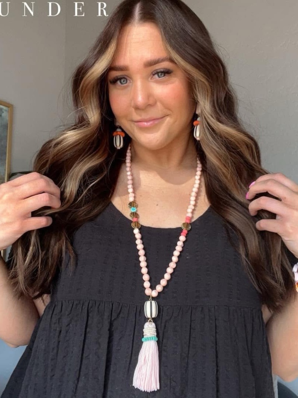 Plunder Design Samira Pink Beaded Tassel Necklace Millie Earrings Boho Retro Set